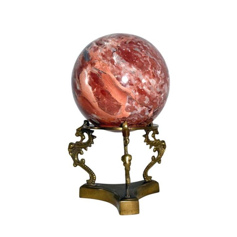 Pink/Red Marble Sphere Brass Dragon Stand Made In Pakistan