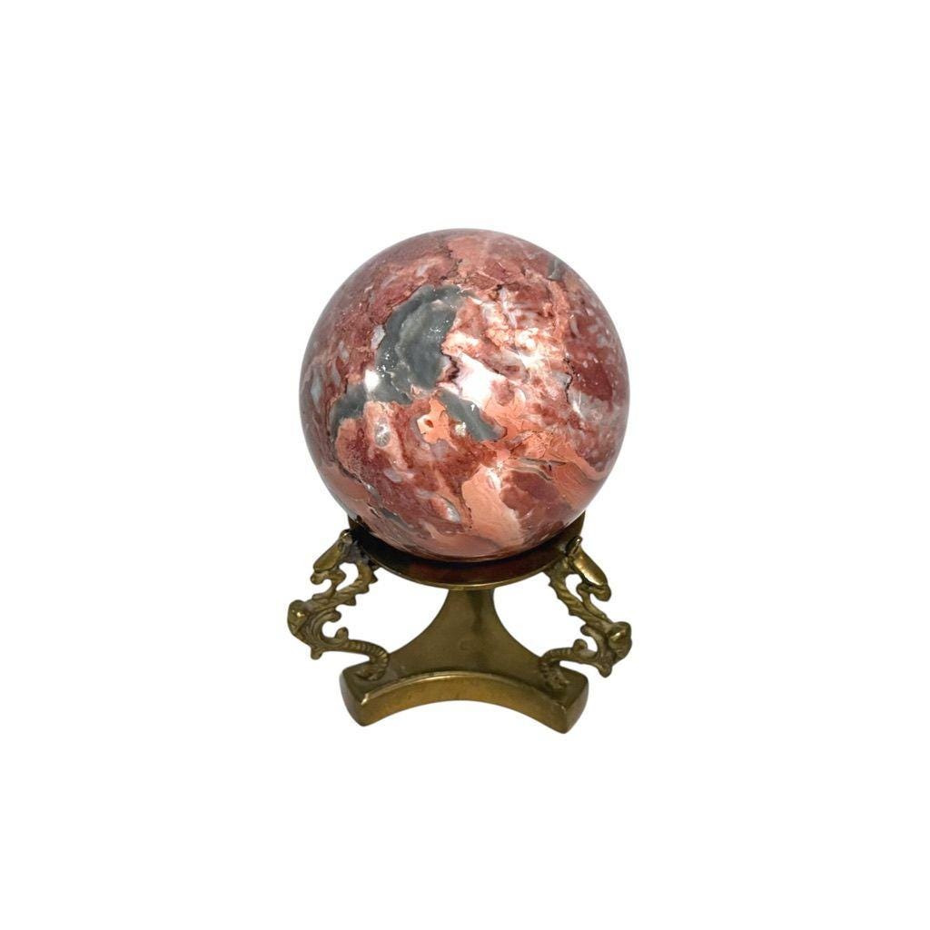 Pink/Red Marble Sphere Brass Dragon Stand Made In Pakistan