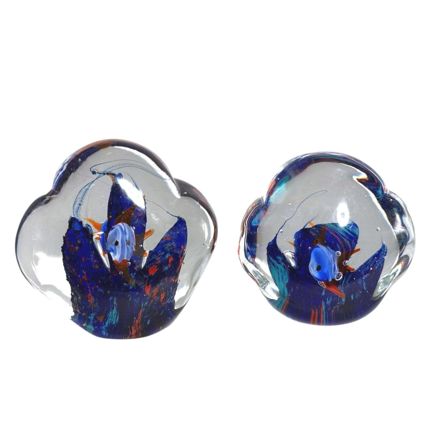 Hand-Blown Glass Fish Paperweight Vibrant Blue Coral Reef Design - Set of 2