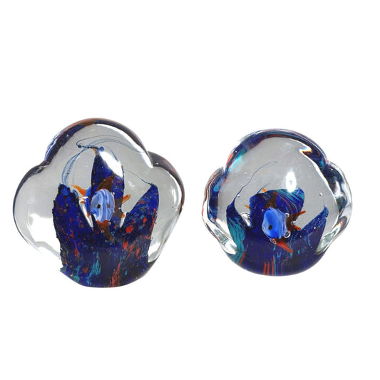 Hand-Blown Glass Fish Paperweight Vibrant Blue Coral Reef Design - Set of 2