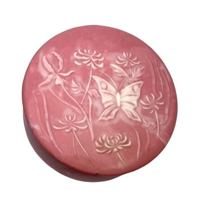 Vintage Pink Embossed Butterfly & Floral Round Incolay Trinket Box With Lid