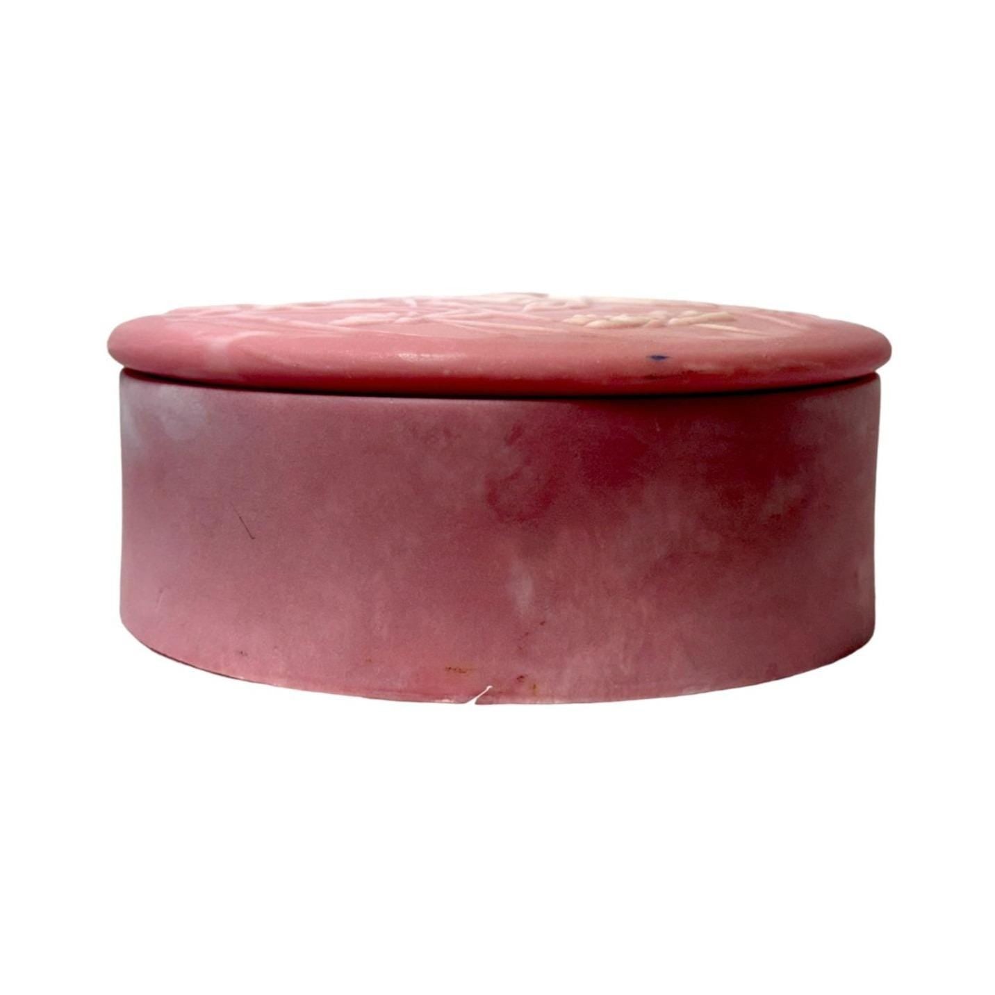 Vintage Pink Embossed Butterfly & Floral Round Incolay Trinket Box With Lid