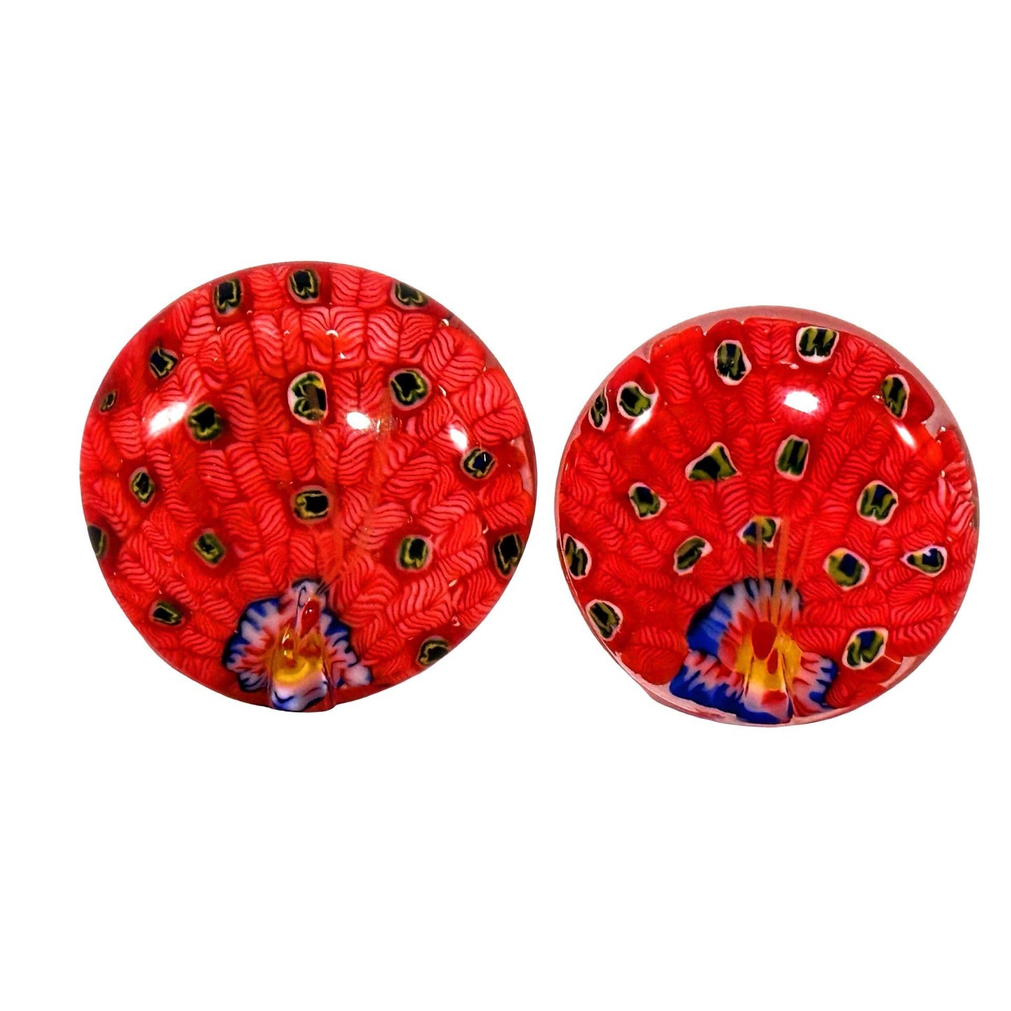 Art Glass Peacock Paperweights Red/White Multicolor Millefiori Design Set of 2
