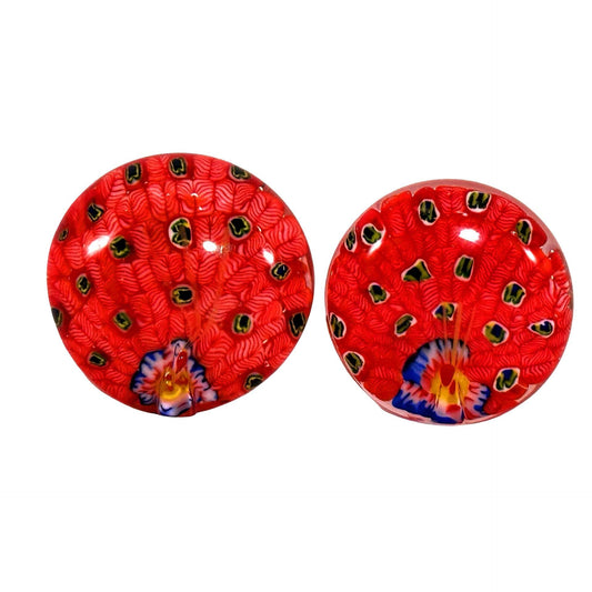 Art Glass Peacock Paperweights Red/White Multicolor Millefiori Design Set of 2