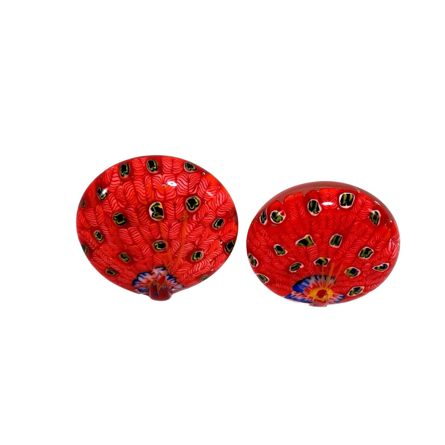Art Glass Peacock Paperweights Red/White Multicolor Millefiori Design Set of 2