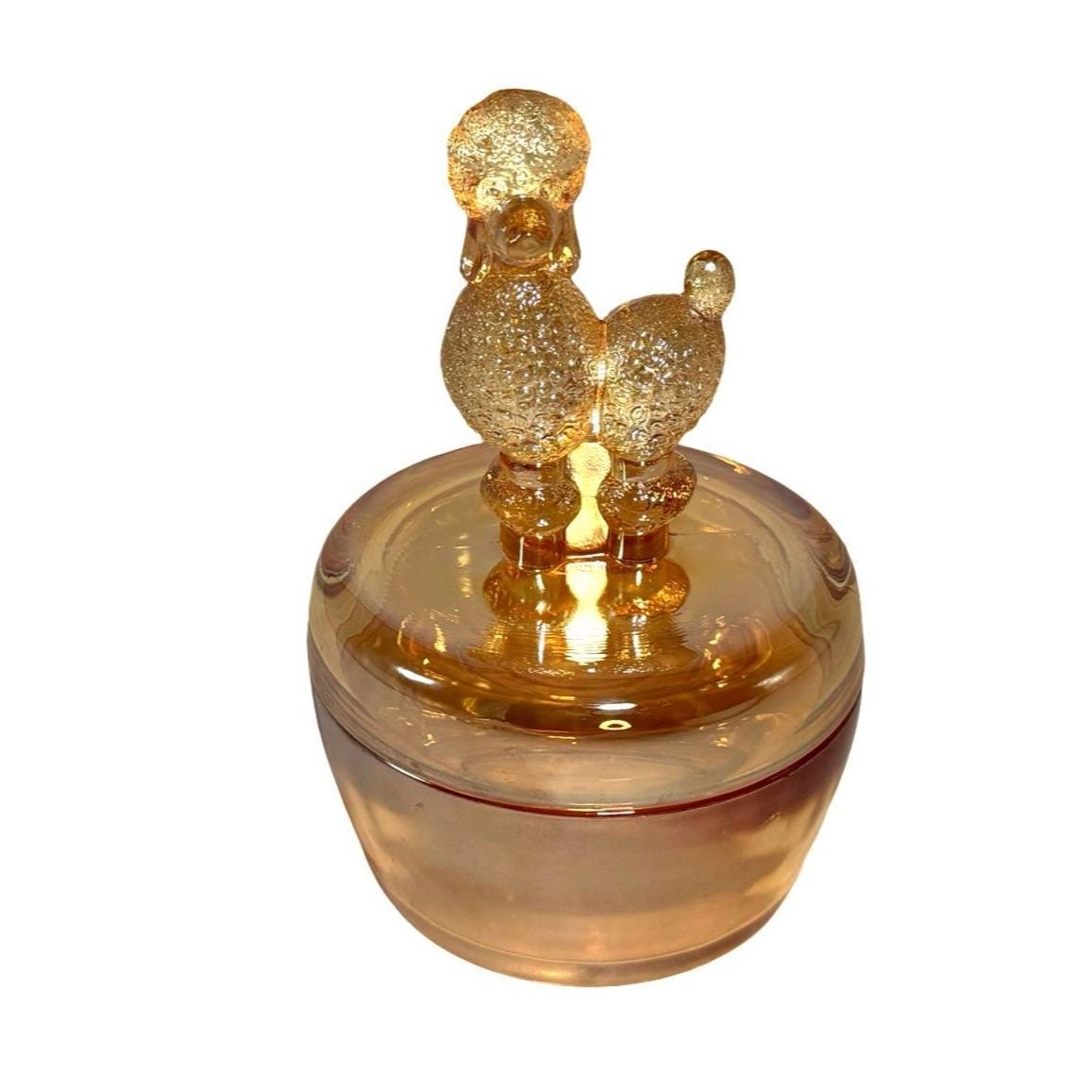 Jeannette Glass Marigold Carnival Glass Jar w Poodle Figurine Lid