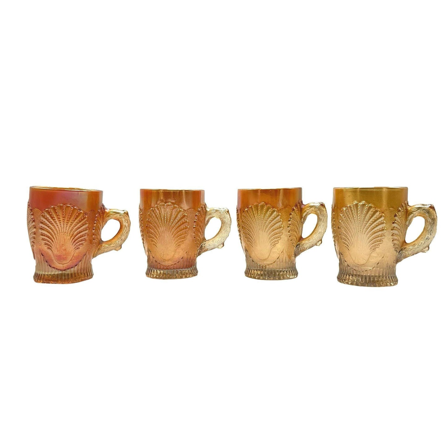 Dugan Diamond Beaded Shell Carnival Marigold Glass Mugs w/ Handles Set Of 4