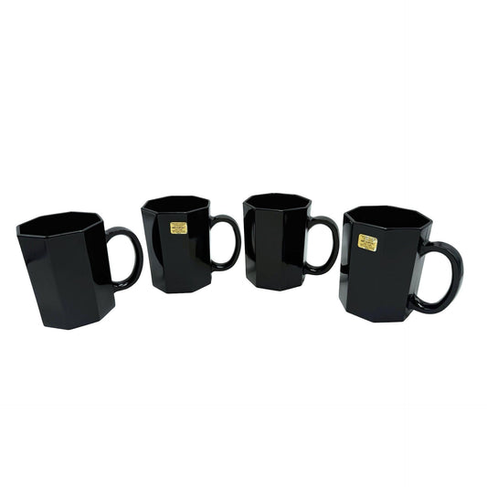Vintage French Arcoroc Octine Black Octagonal Mugs Modern Design Set Of 4