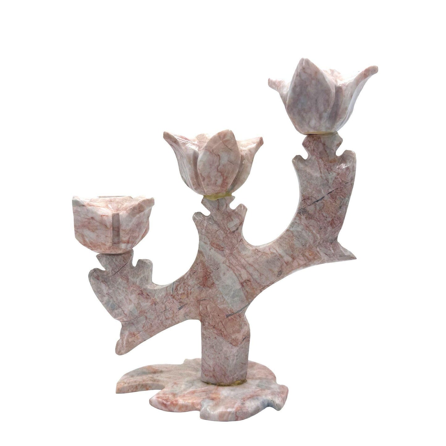 Hand-Carved Pink Stone/Marble 3-Arm Tulip Candle Holder