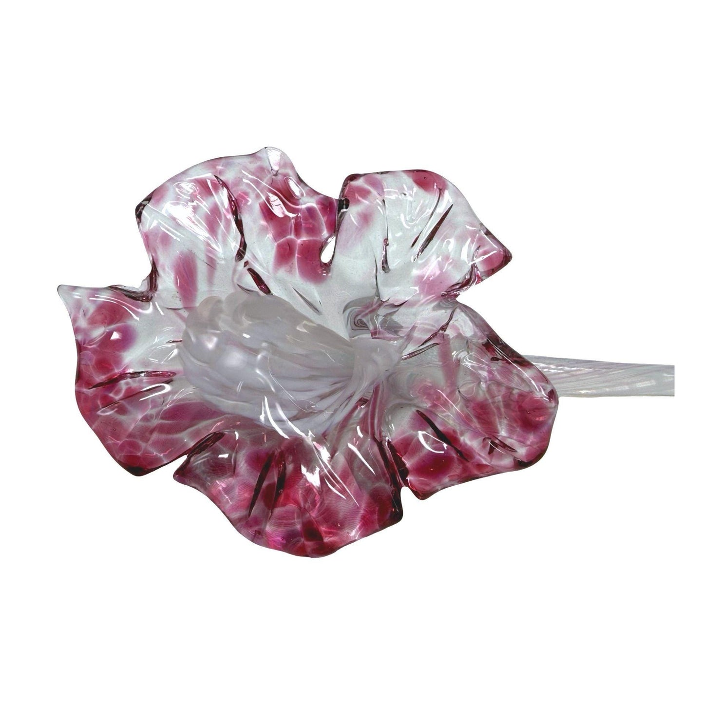 Hand Blown Long Stem Glass Pink/White Flower Decorative Art Piece 14 Inches Long