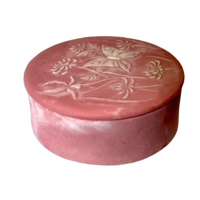 Vintage Pink Embossed Butterfly & Floral Round Incolay Trinket Box With Lid