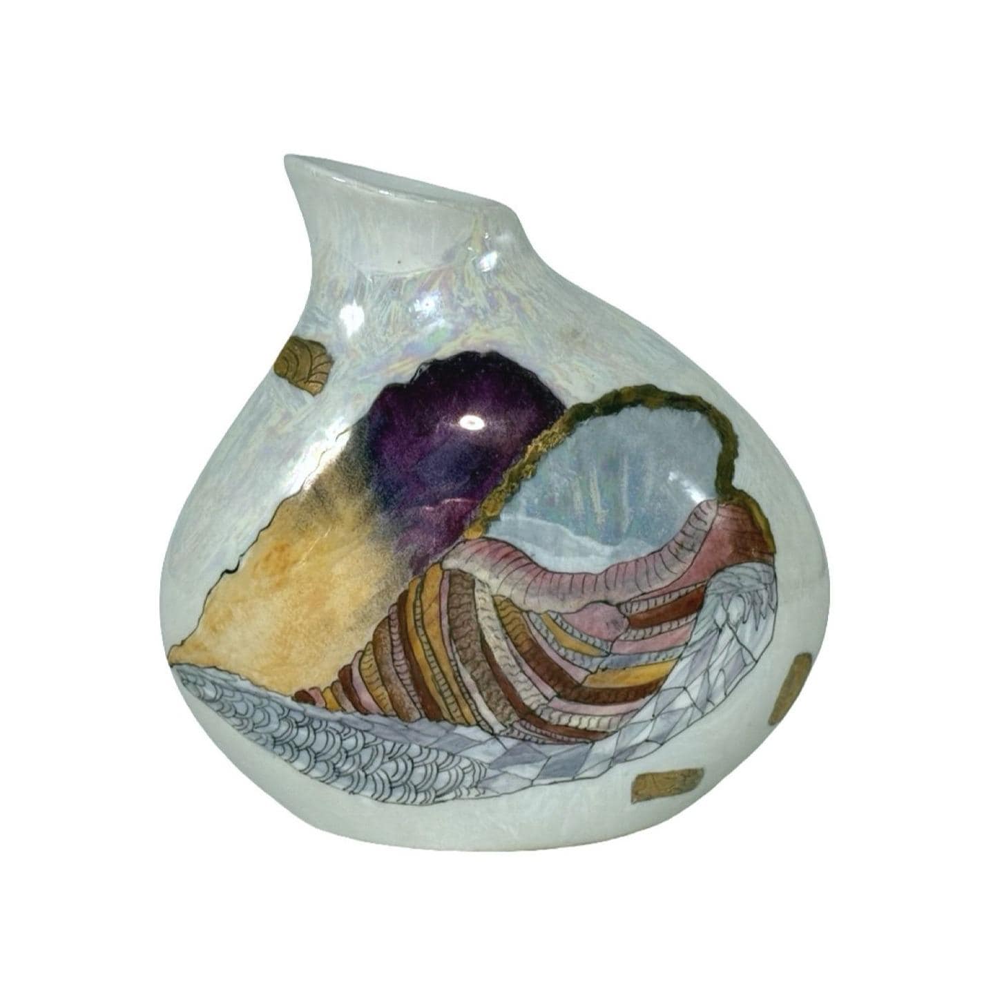 Limoges France Iridescent Porcelain Bud Vase Hand-Painted Seashell Design W Gold