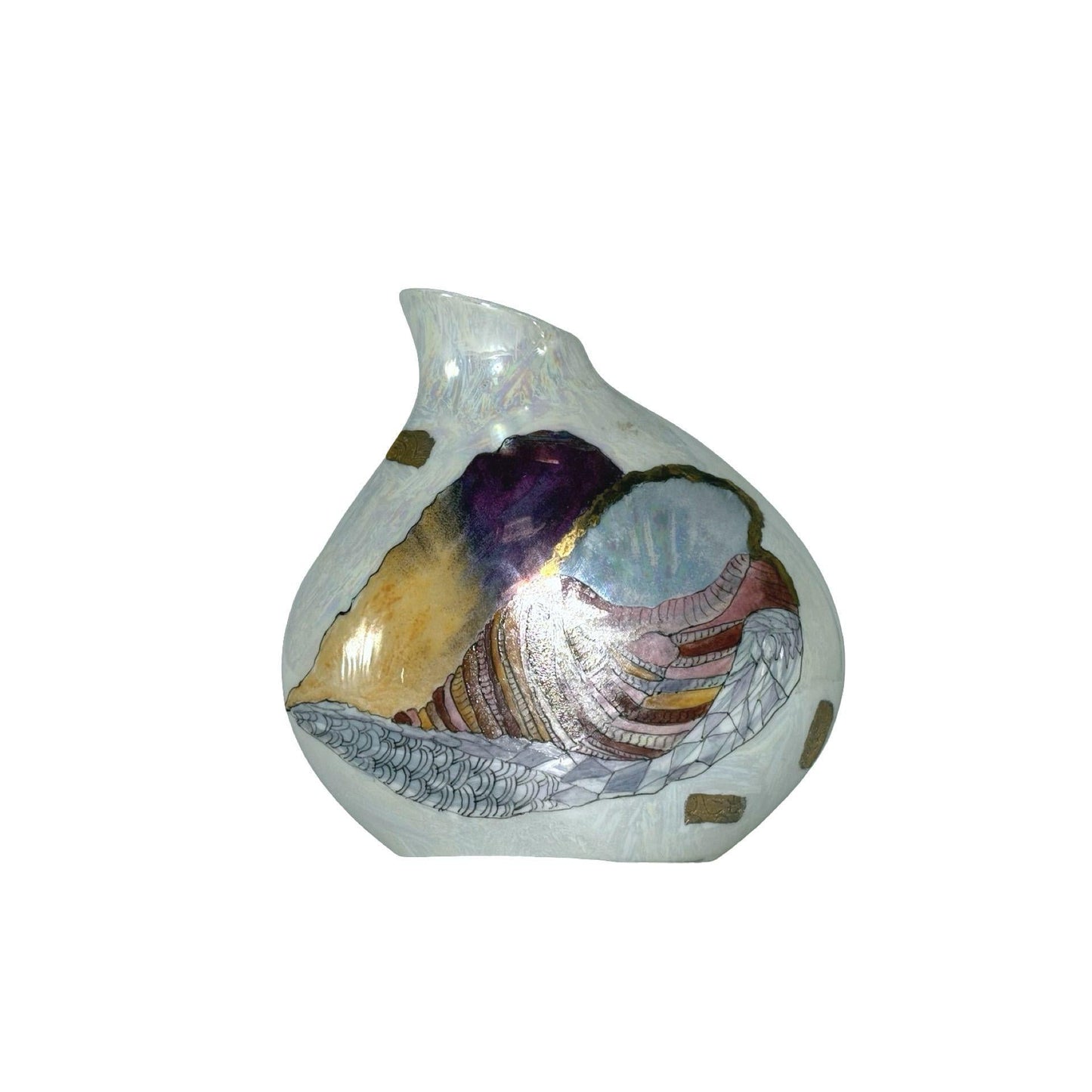 Limoges France Iridescent Porcelain Bud Vase Hand-Painted Seashell Design W Gold