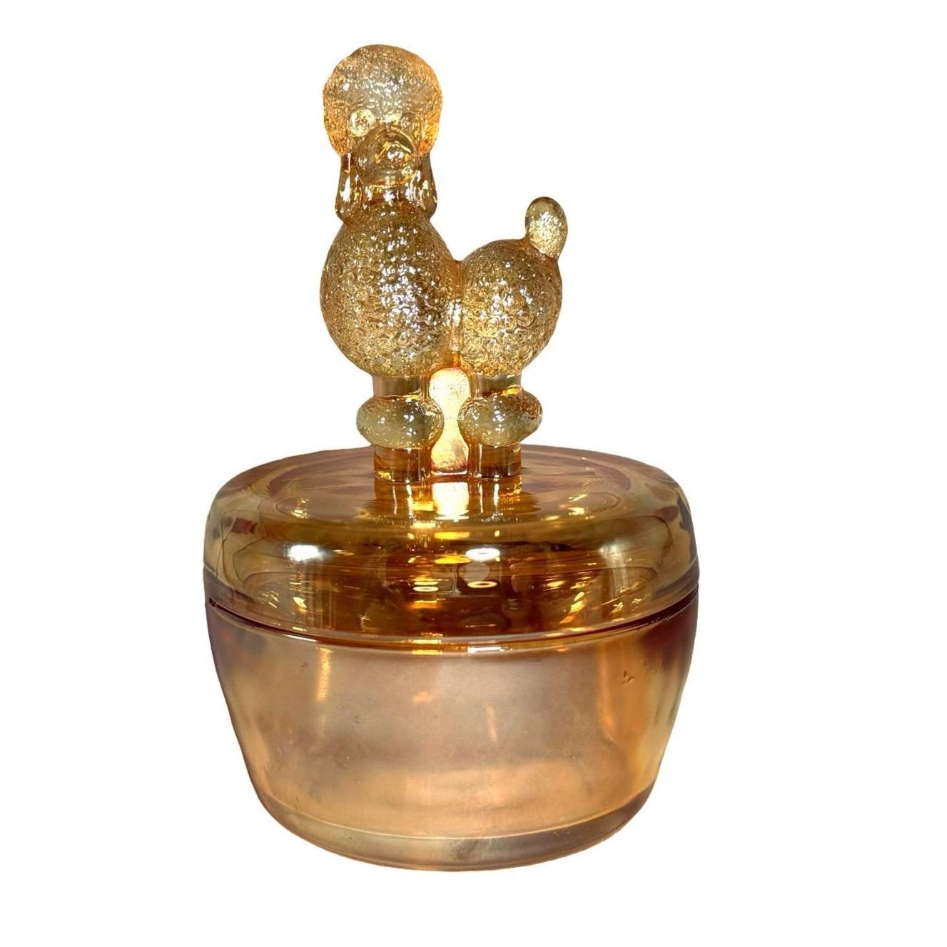 Jeannette Glass Marigold Carnival Glass Jar w Poodle Figurine Lid