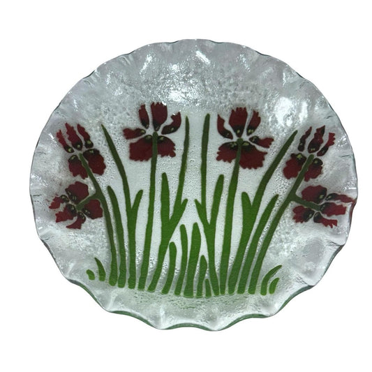 Fused Glass Plate Red Flowers & Green Grass Scalloped Edge by Lee Art Glass