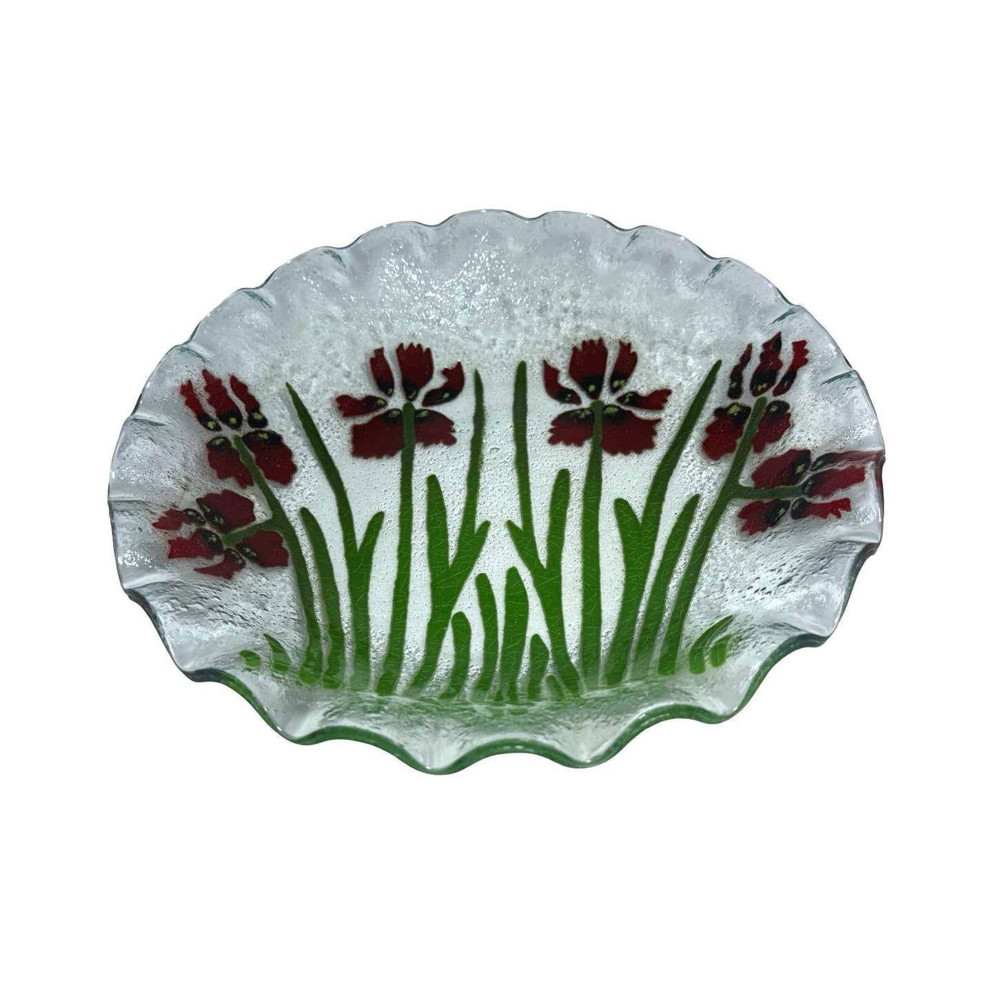 Fused Glass Plate Red Flowers & Green Grass Scalloped Edge by Lee Art Glass