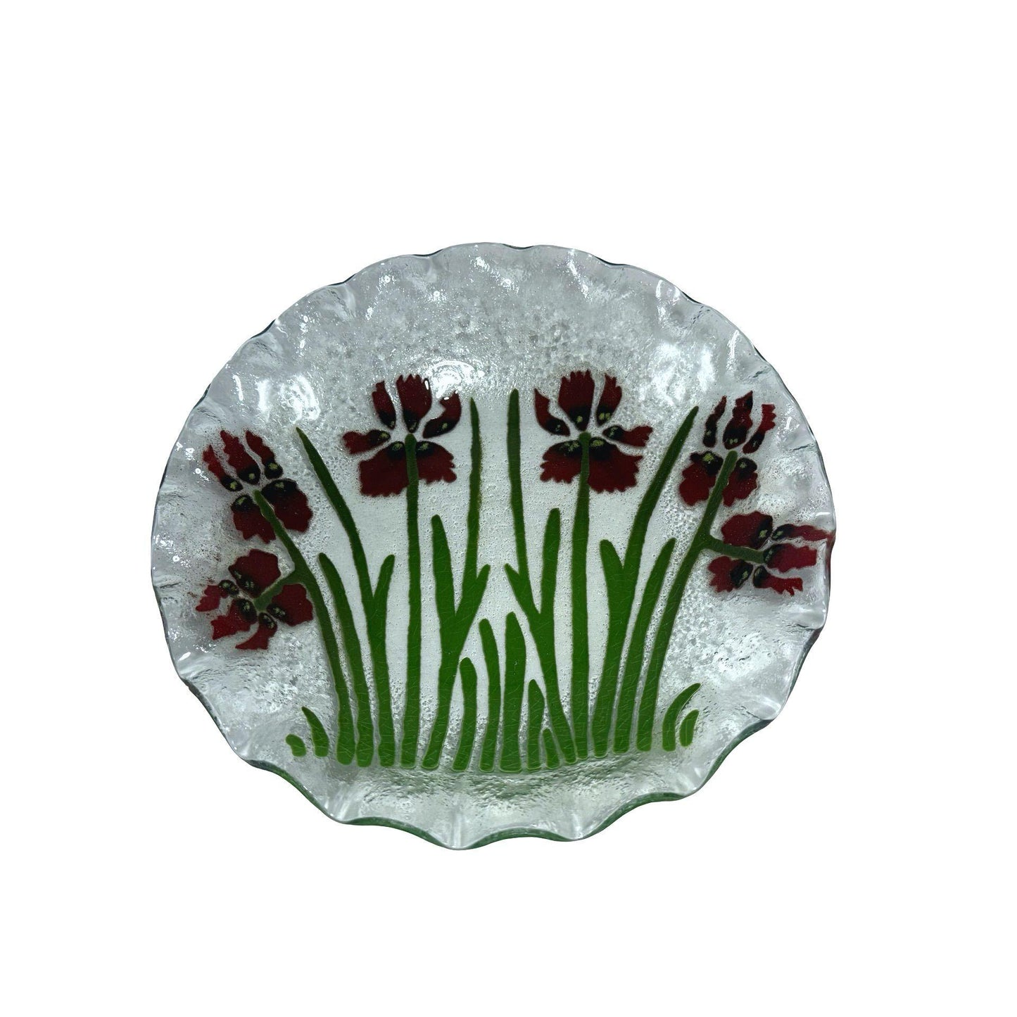 Fused Glass Plate Red Flowers & Green Grass Scalloped Edge by Lee Art Glass