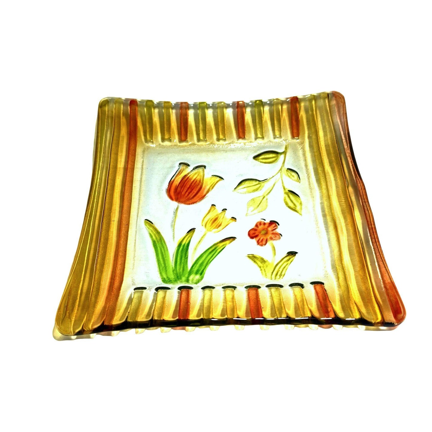Ganz Fused Glass Tulip Dish Yellow/Orange Floral Design Square Plate