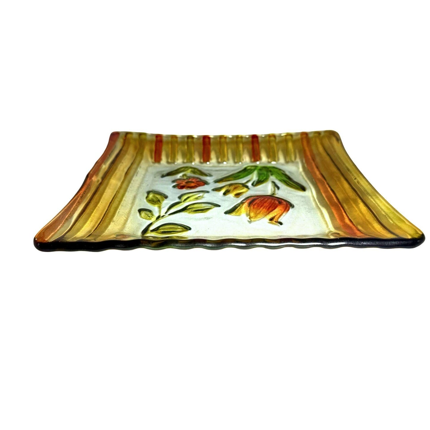 Ganz Fused Glass Tulip Dish Yellow/Orange Floral Design Square Plate