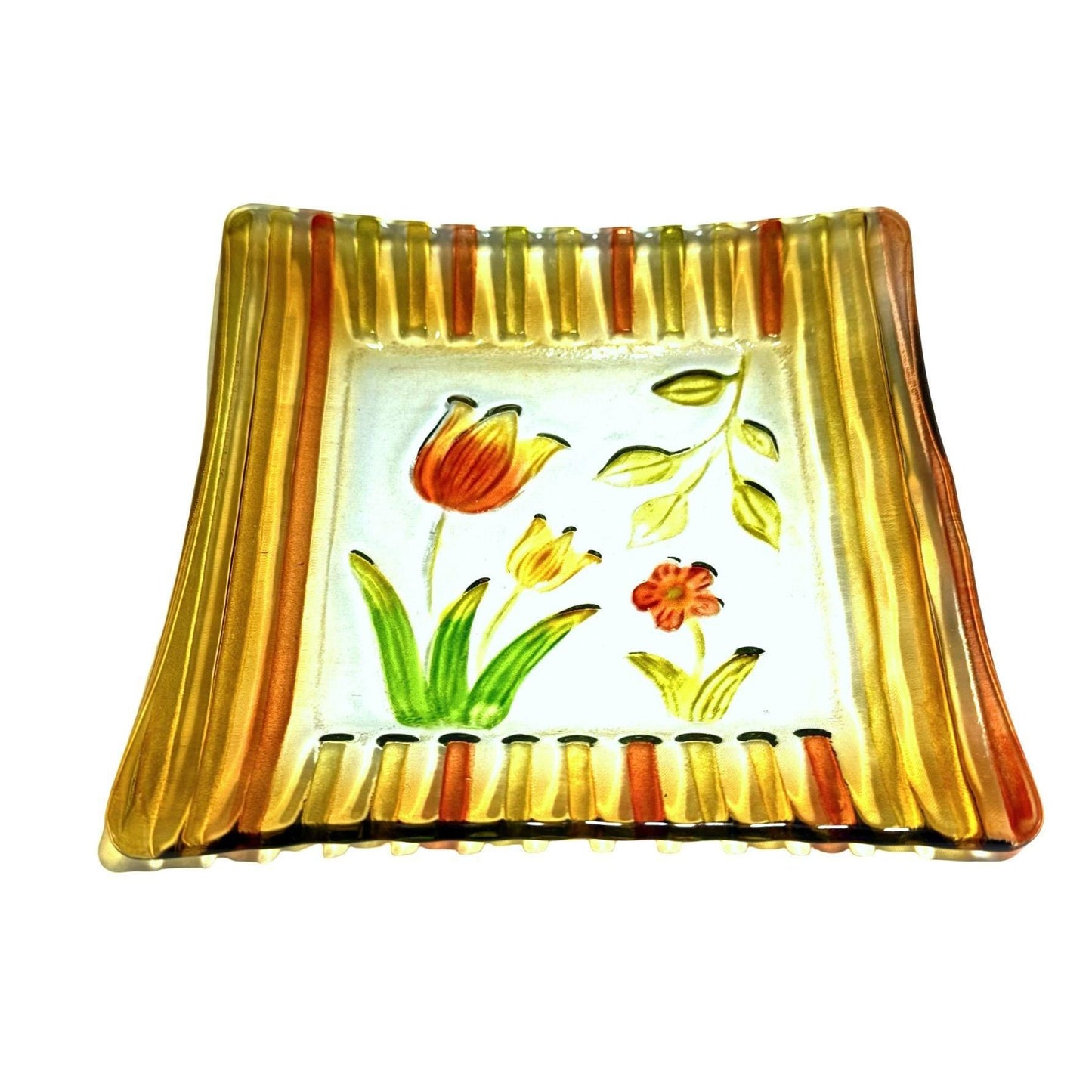 Ganz Fused Glass Tulip Dish Yellow/Orange Floral Design Square Plate