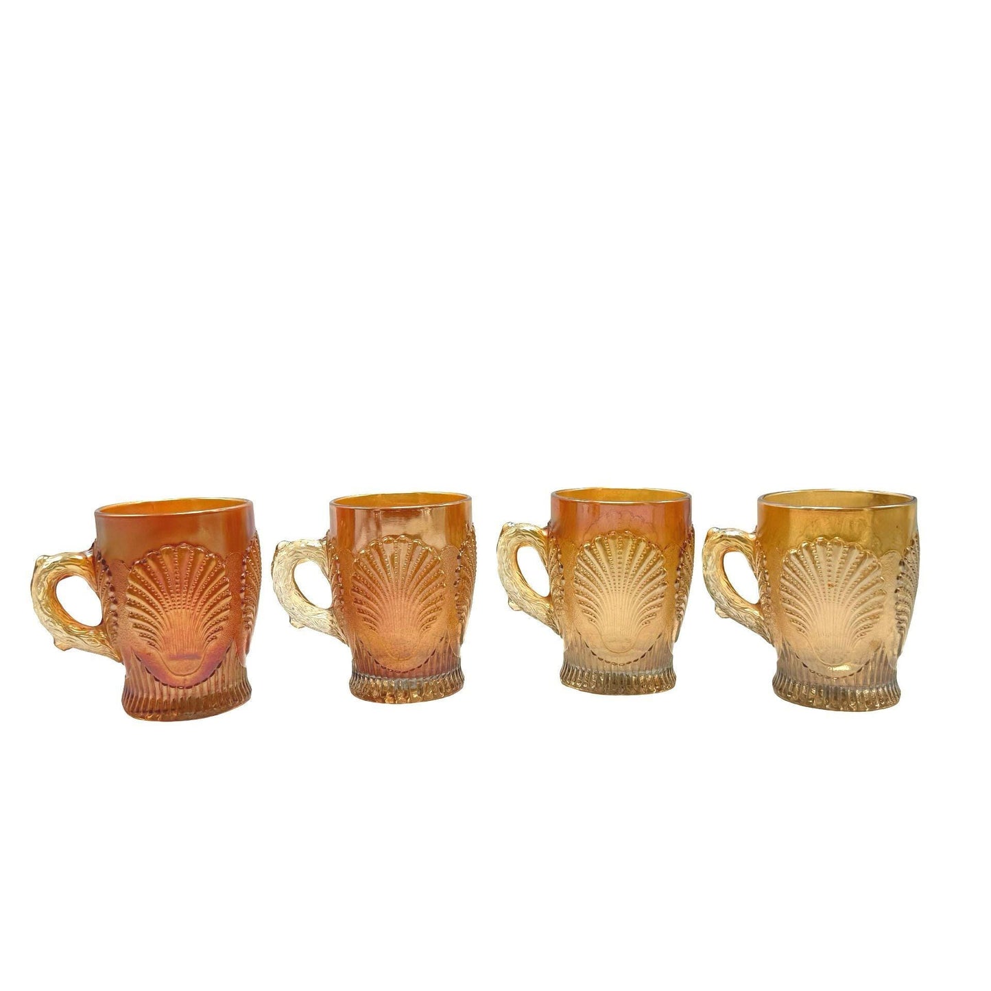 Dugan Diamond Beaded Shell Carnival Marigold Glass Mugs w/ Handles Set Of 4