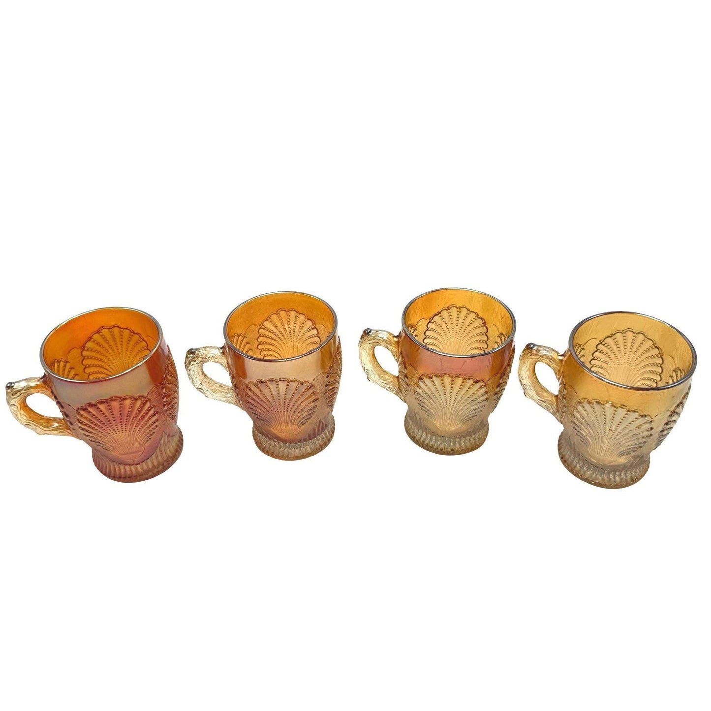Dugan Diamond Beaded Shell Carnival Marigold Glass Mugs w/ Handles Set Of 4