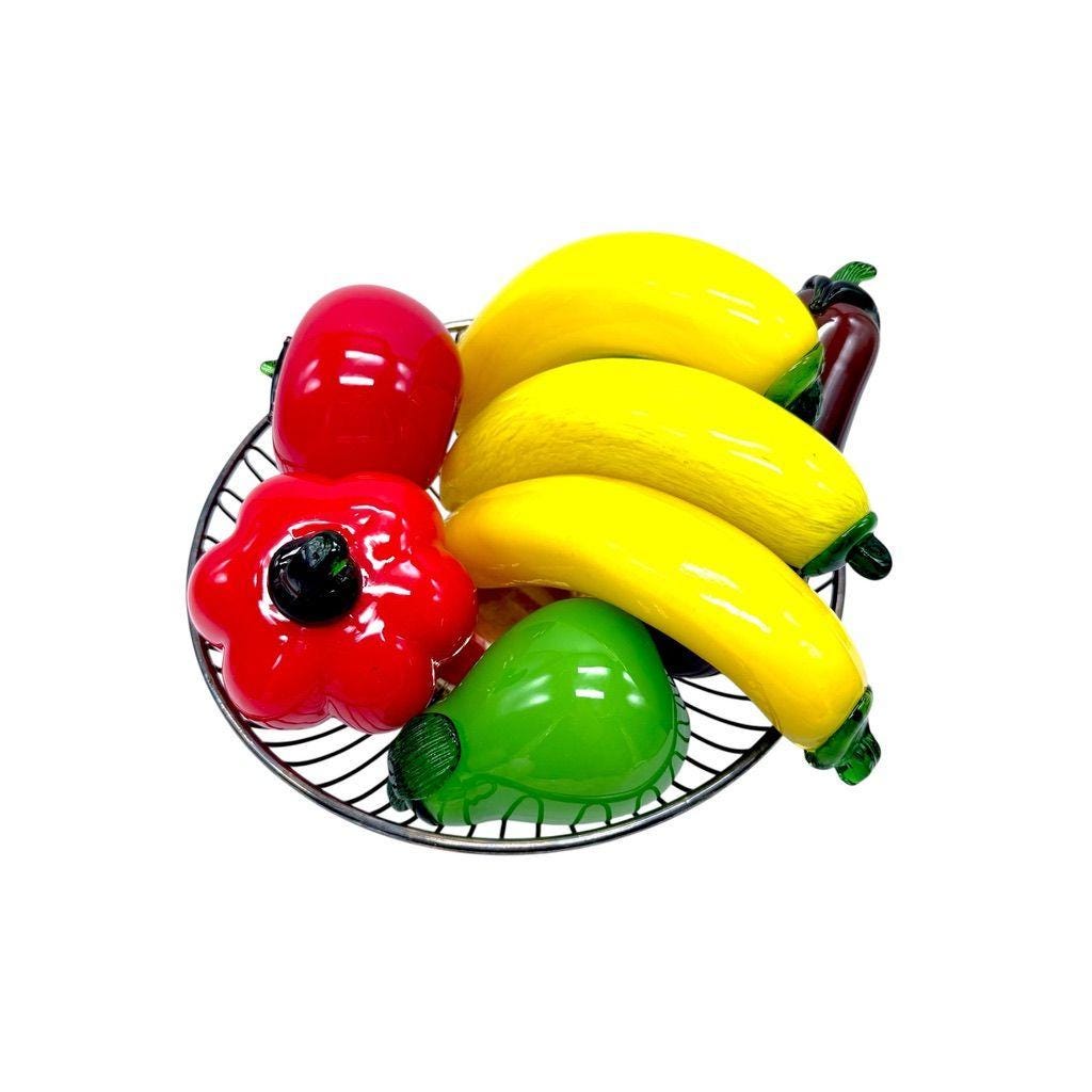 Silver Plated Wire Basket Glass Fruit Bananas Bell Pepper Pears Tomato Eggplant