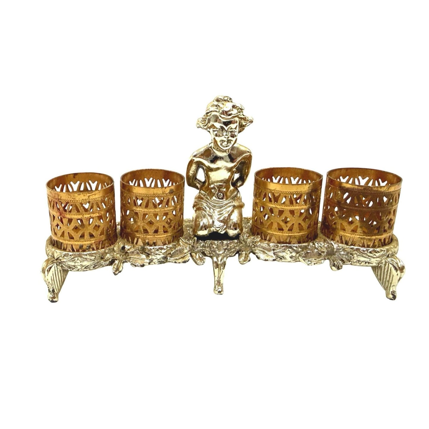 Vintage Sam Fink Gold-Tone Cherub Filigree Lipstick Holder With Four Slots