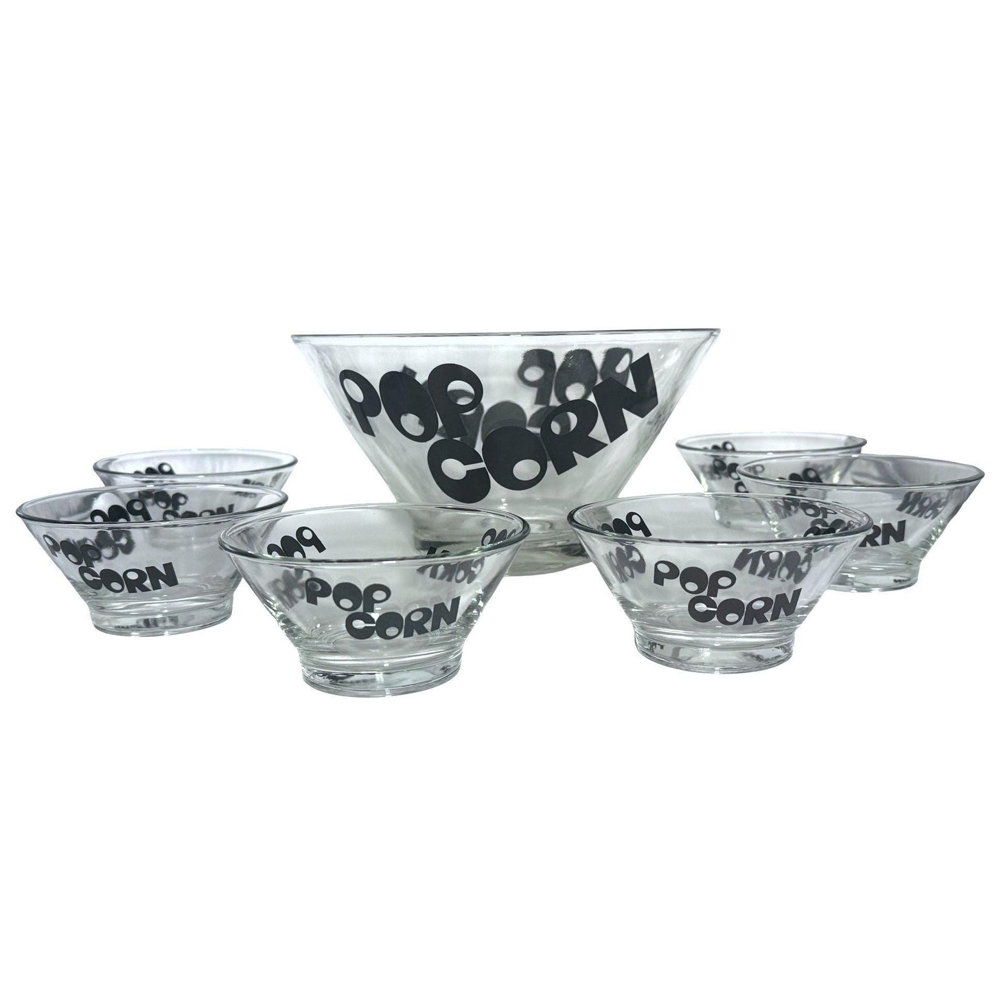 Wheaton Glass Popcorn Serving Bowl Set With 6 Individual Snack Bowls Black Text Design