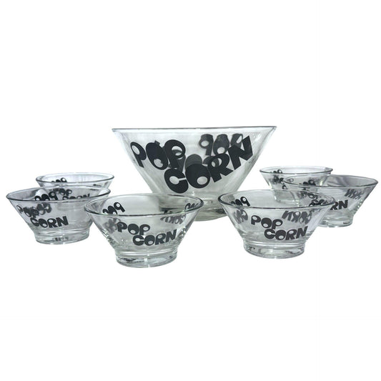 Wheaton Glass Popcorn Serving Bowl Set With 6 Individual Snack Bowls Black Text Design