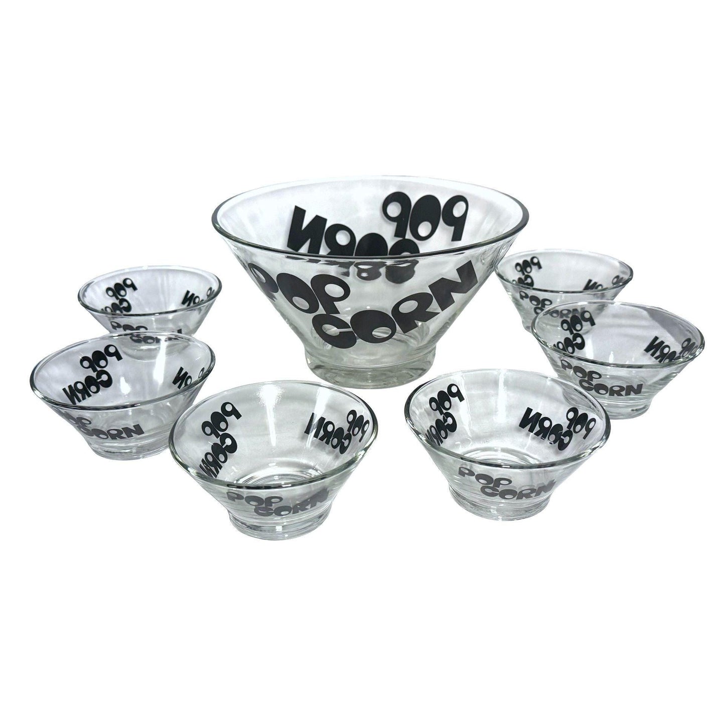 Wheaton Glass Popcorn Serving Bowl Set With 6 Individual Snack Bowls Black Text Design
