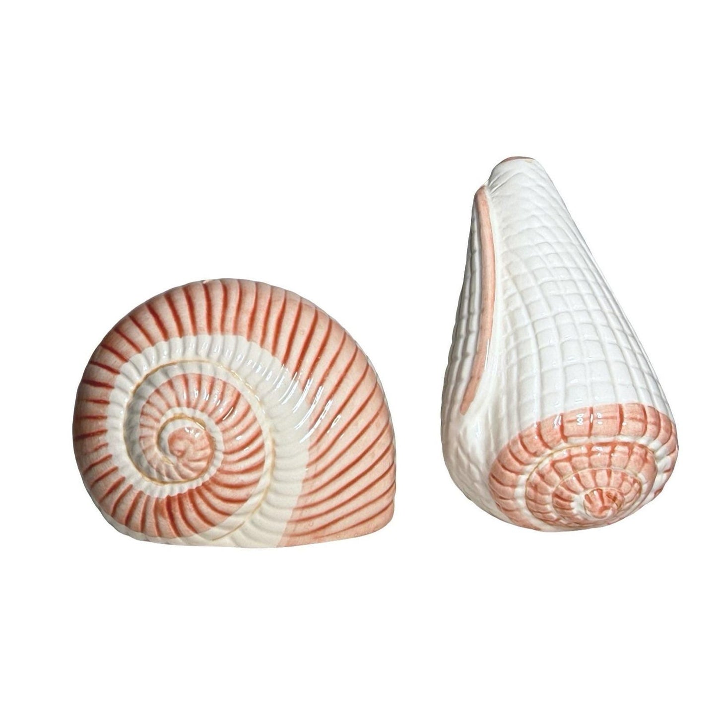 Ceramic Seashell Salt Pepper Shakers Hand-Painted Coral & White Coastal Design