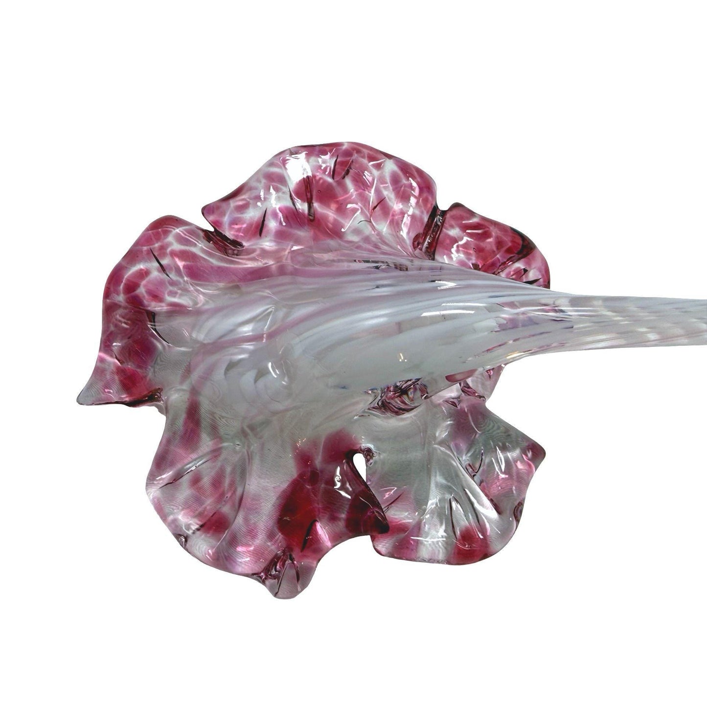 Hand Blown Long Stem Glass Pink/White Flower Decorative Art Piece 14 Inches Long