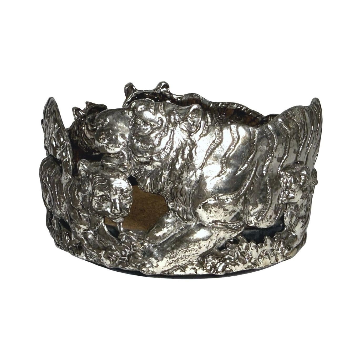 Silver-Plated Wine Bottle Coaster Tiger Design with black Marble base