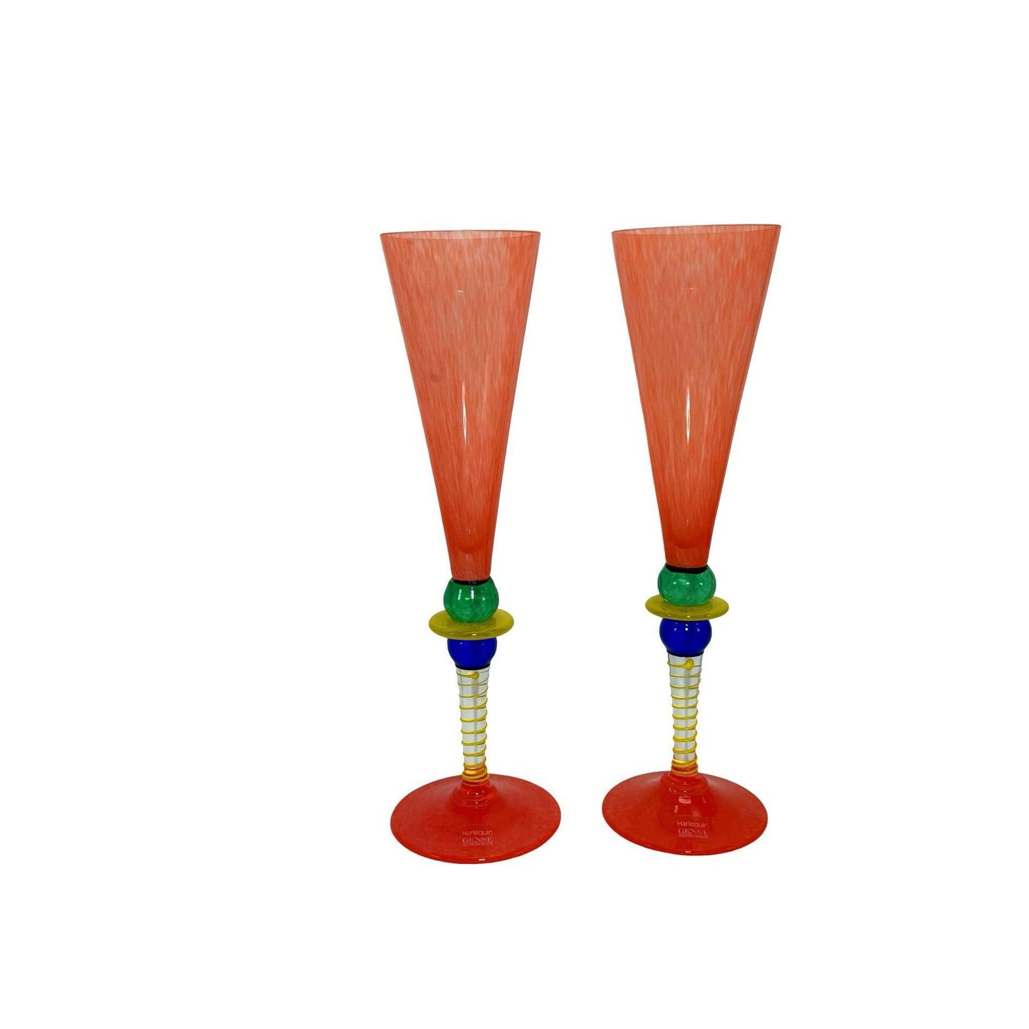 Post-Modern Harlequin Gense Berit Johansson Glass Champagne Flutes Multicolor Signed