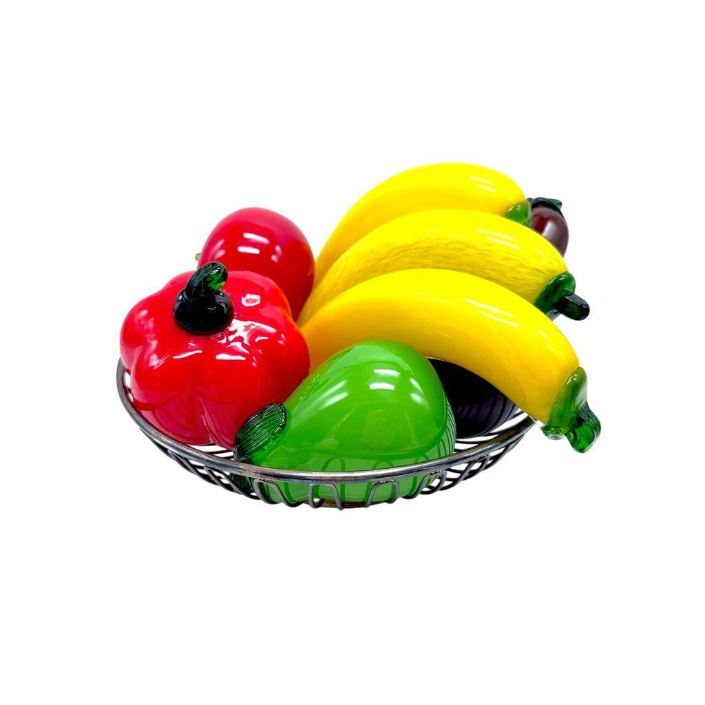 Silver Plated Wire Basket Glass Fruit Bananas Bell Pepper Pears Tomato Eggplant
