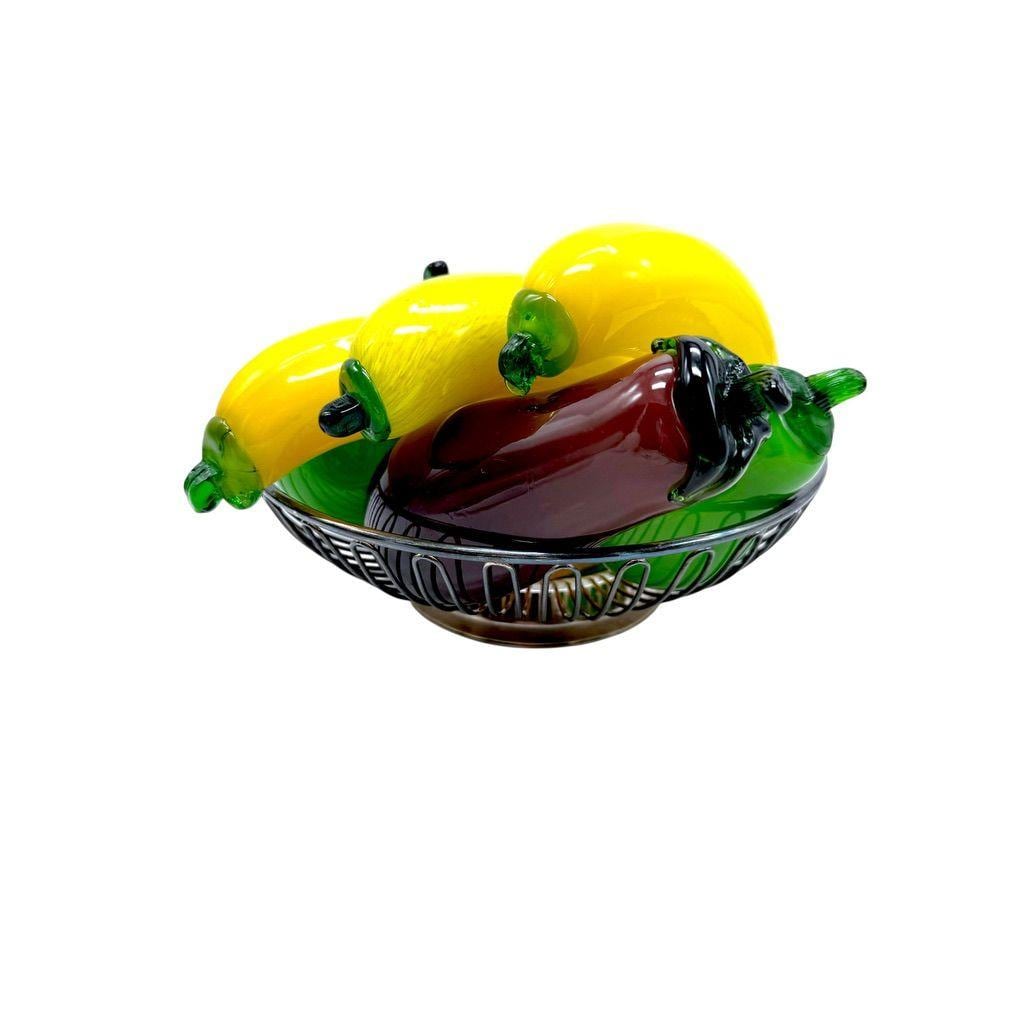 Silver Plated Wire Basket Glass Fruit Bananas Bell Pepper Pears Tomato Eggplant