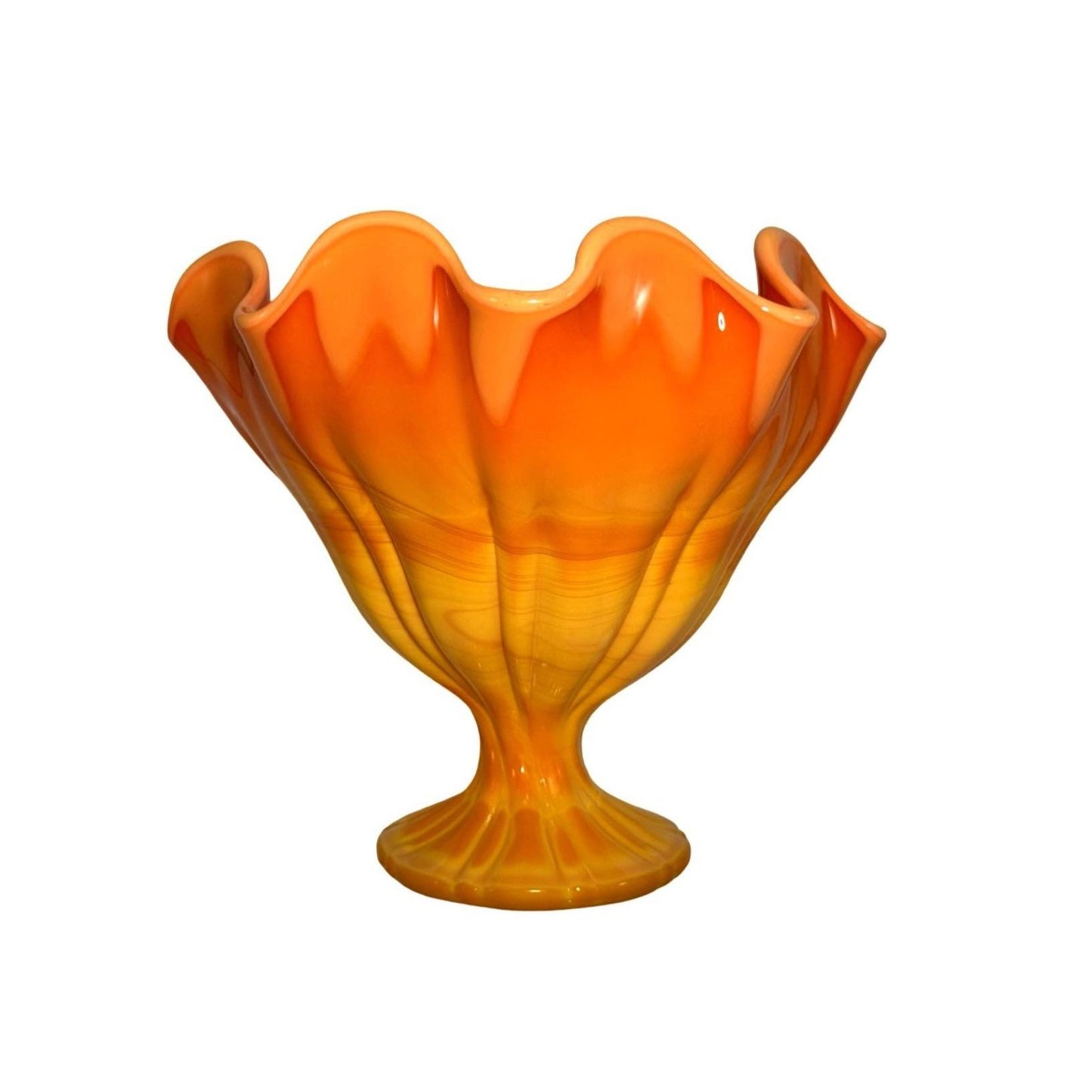 L.E. Smith Bittersweet Pedestal Compote Ruffled Edge Orange Yellow Glass "As Is"