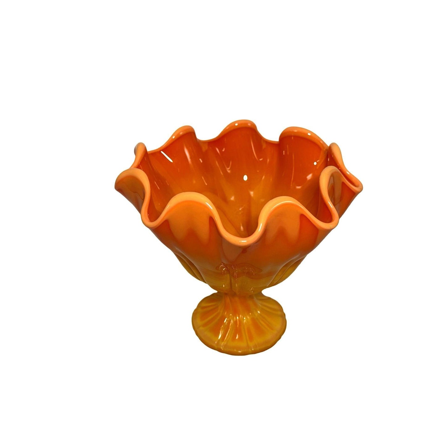 L.E. Smith Bittersweet Pedestal Compote Ruffled Edge Orange Yellow Glass "As Is"