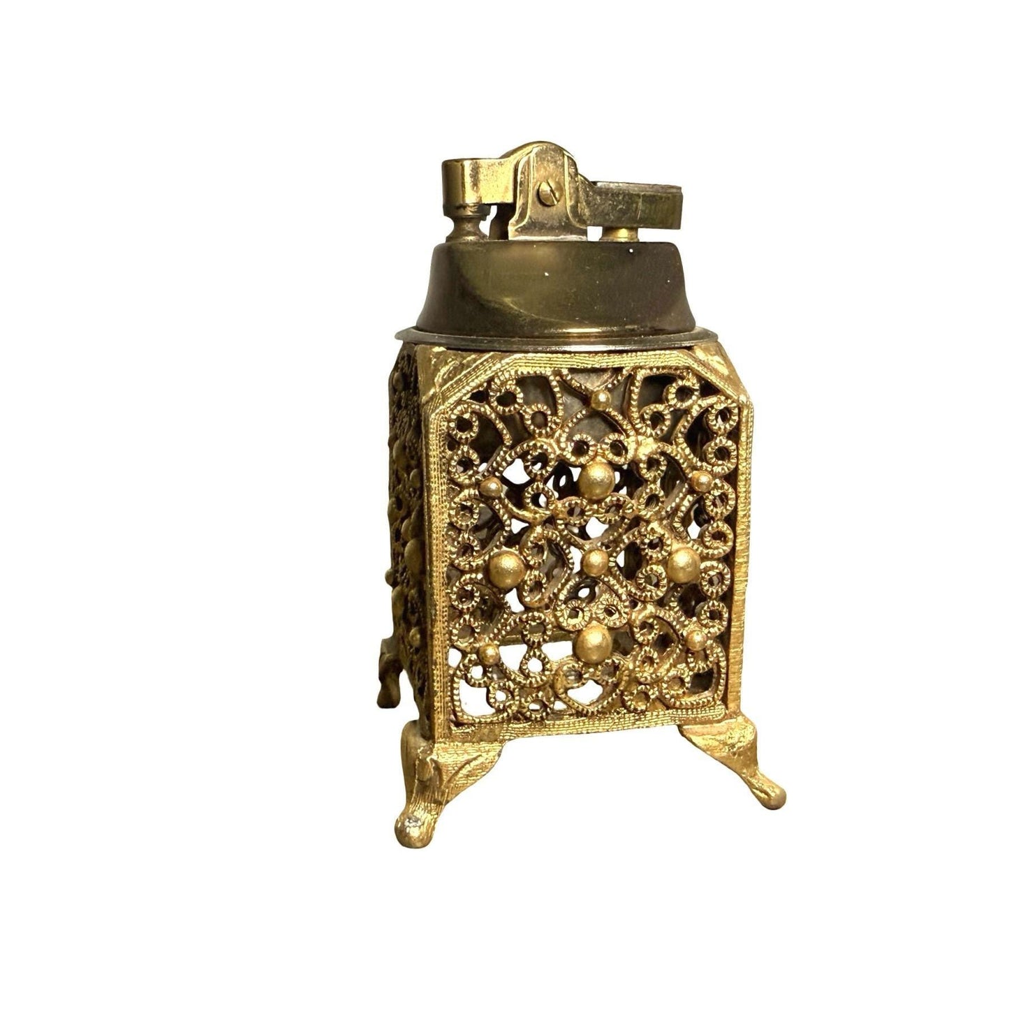 24Kt Gold Plated Vintage Table Lighter & Match Holder Ornate Filigree - Untested