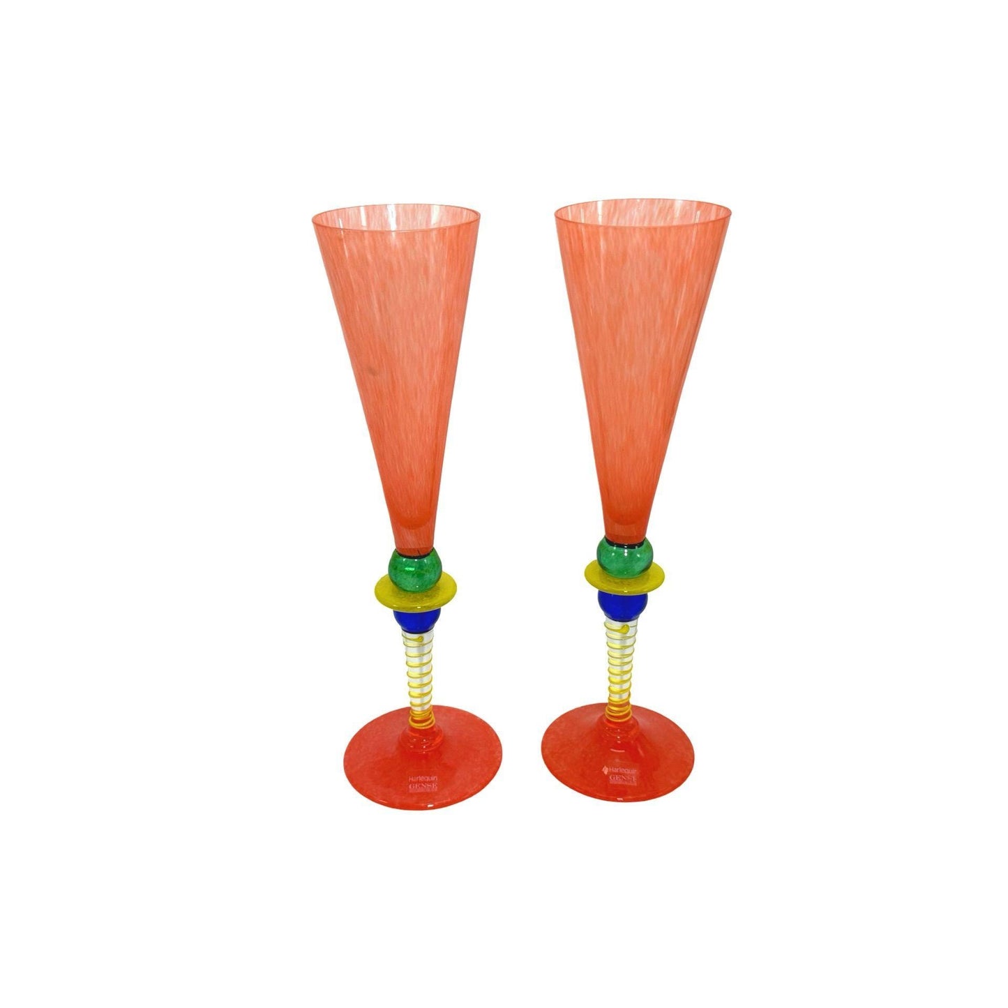Post-Modern Harlequin Gense Berit Johansson Glass Champagne Flutes Multicolor Signed