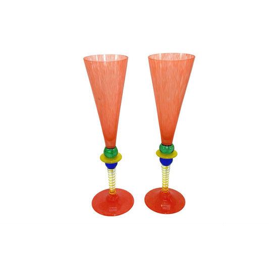Post-Modern Harlequin Gense Berit Johansson Glass Champagne Flutes Multicolor Signed