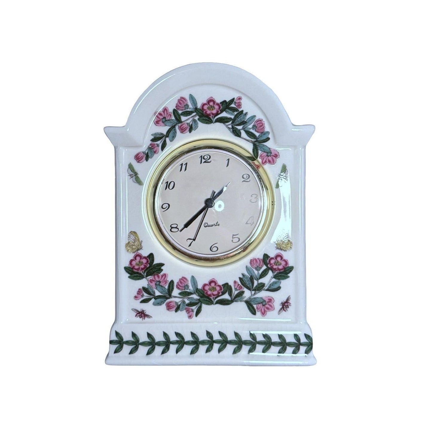 Portmeirion Botanic Garden porcelain Mantel Clock White Pink/Green Floral