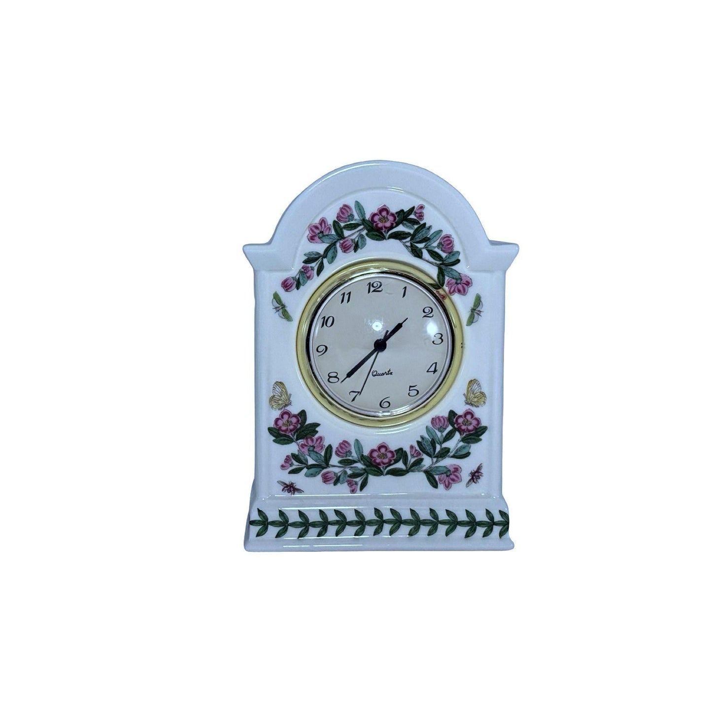 Portmeirion Botanic Garden porcelain Mantel Clock White Pink/Green Floral