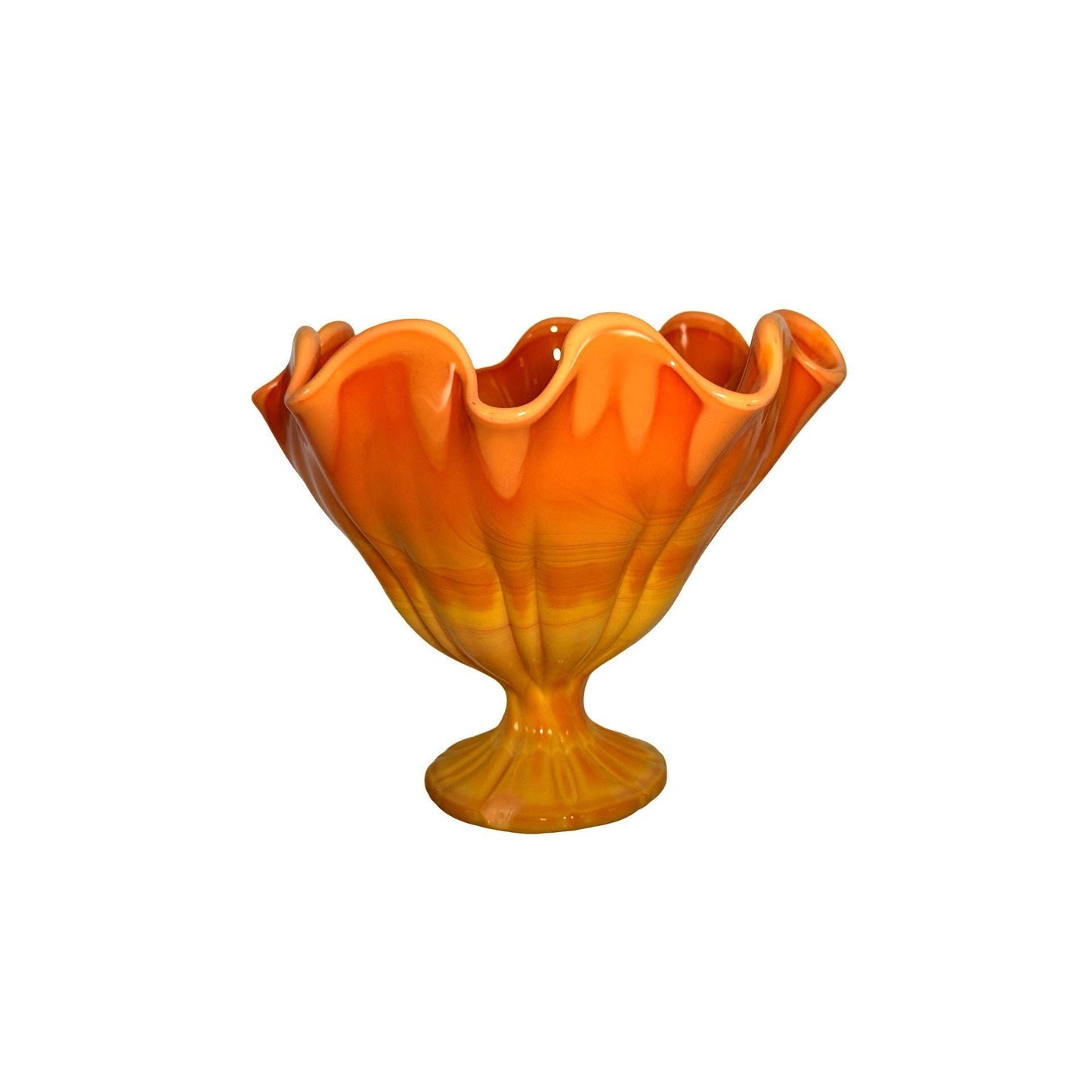 L.E. Smith Bittersweet Pedestal Compote Ruffled Edge Orange Yellow Glass "As Is"