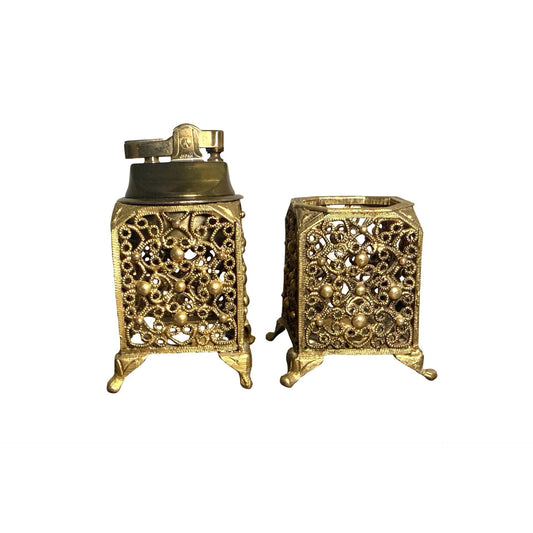 24Kt Gold Plated Vintage Table Lighter & Match Holder Ornate Filigree - Untested