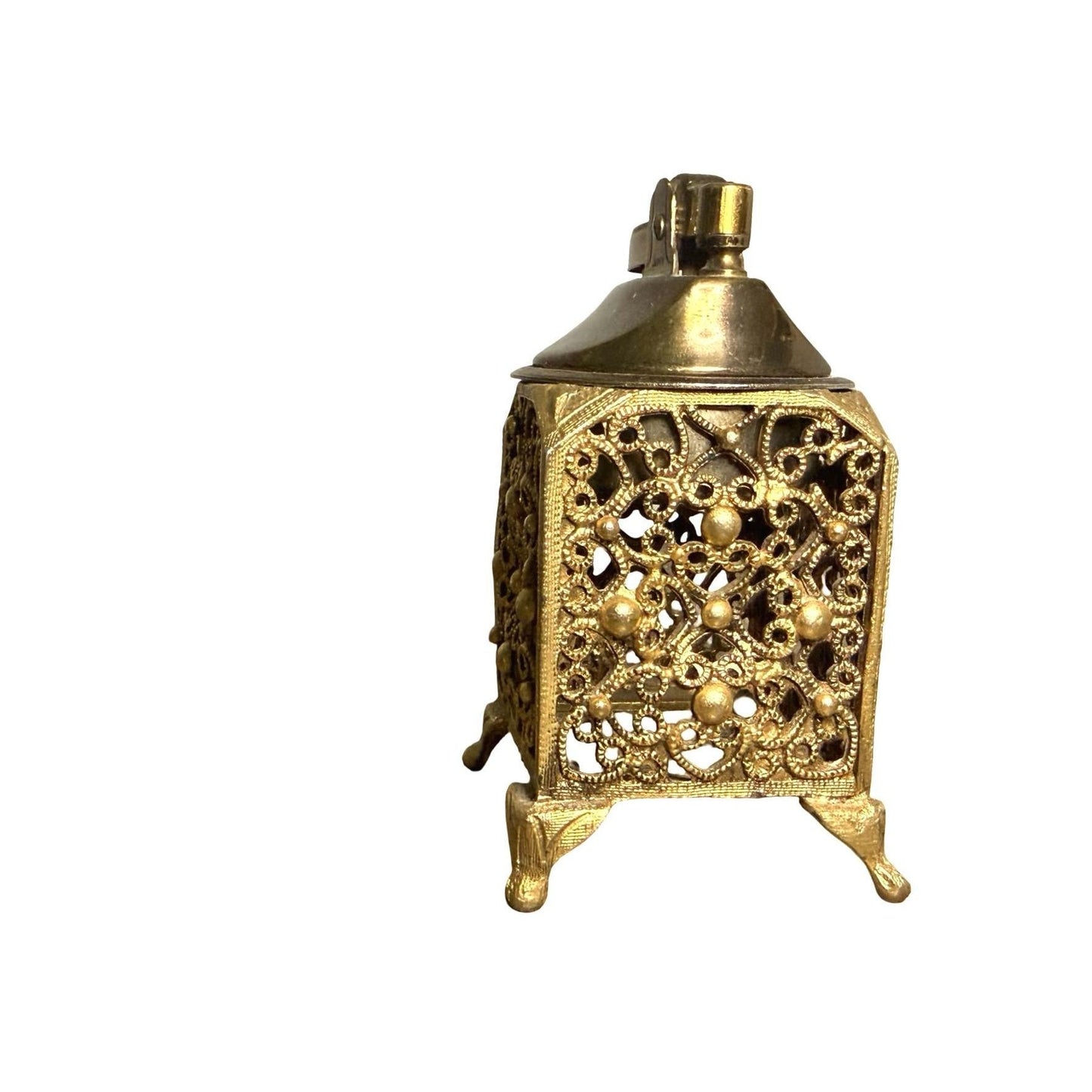 24Kt Gold Plated Vintage Table Lighter & Match Holder Ornate Filigree - Untested