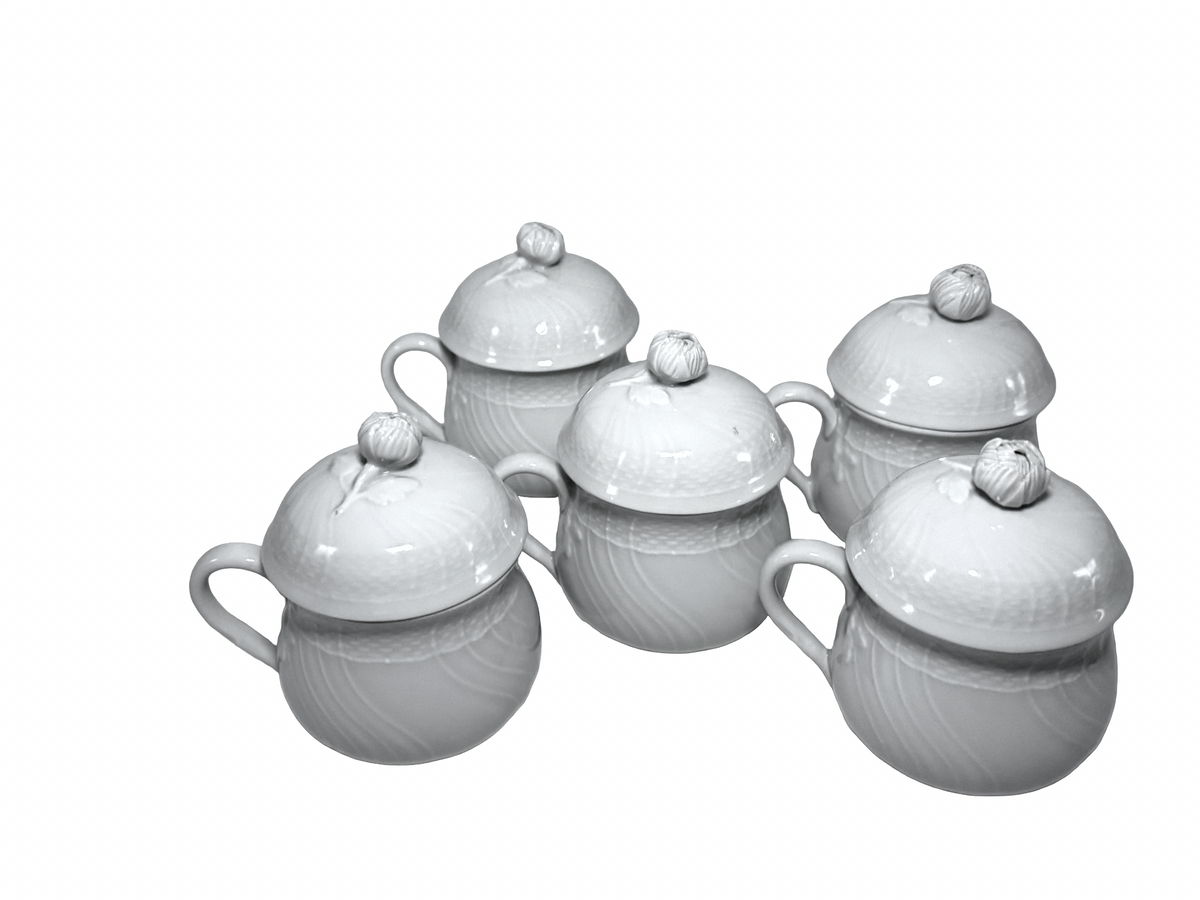 Group view of five Richard Ginori white porcelain covered cups