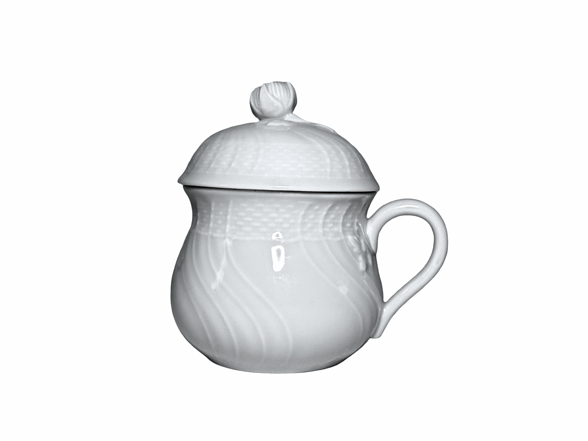 Side view of Richard Ginori white porcelain lidded cup