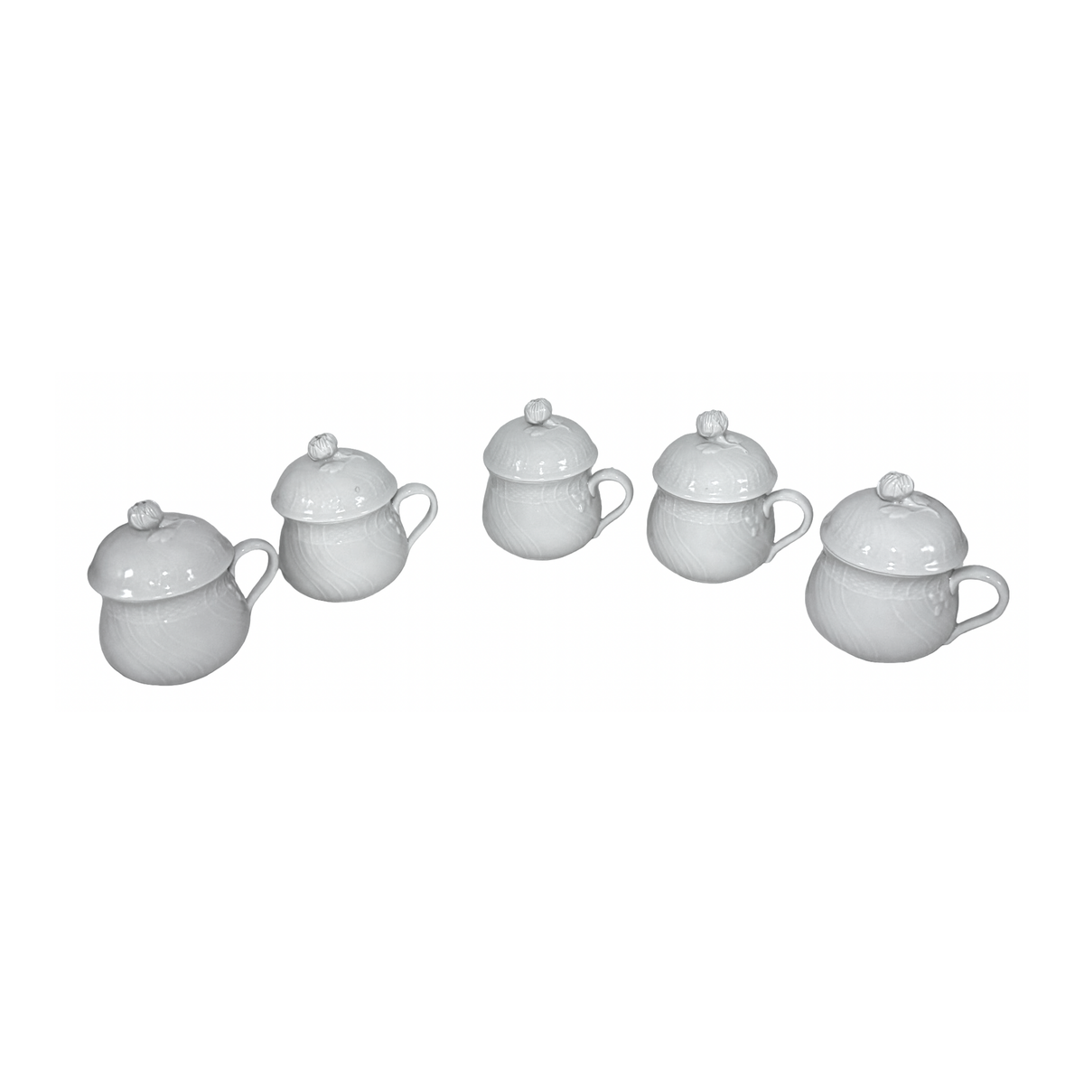 Set of five Richard Ginori Vecchio White porcelain pot de creme cups with fitted lids